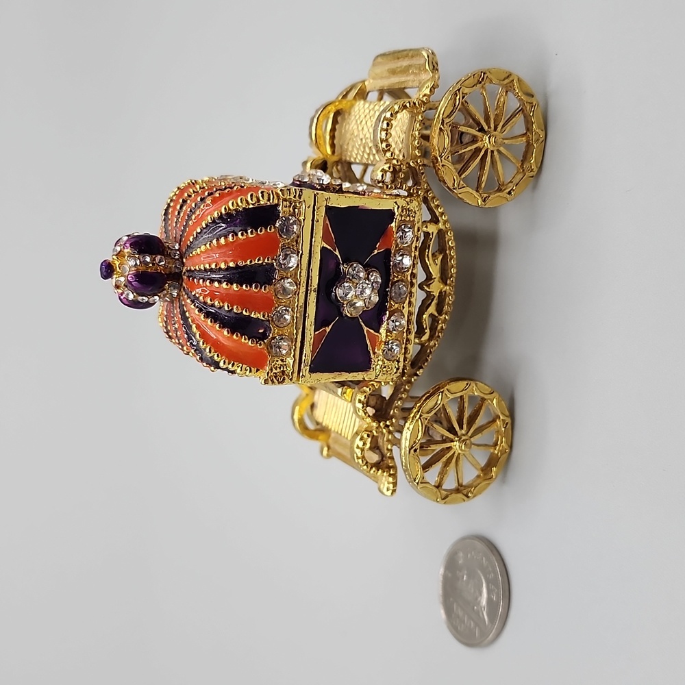 Golden‎ Carriage Trinket Box Rhinestones Enamel Gold Tone Metal Carriage Jewelry